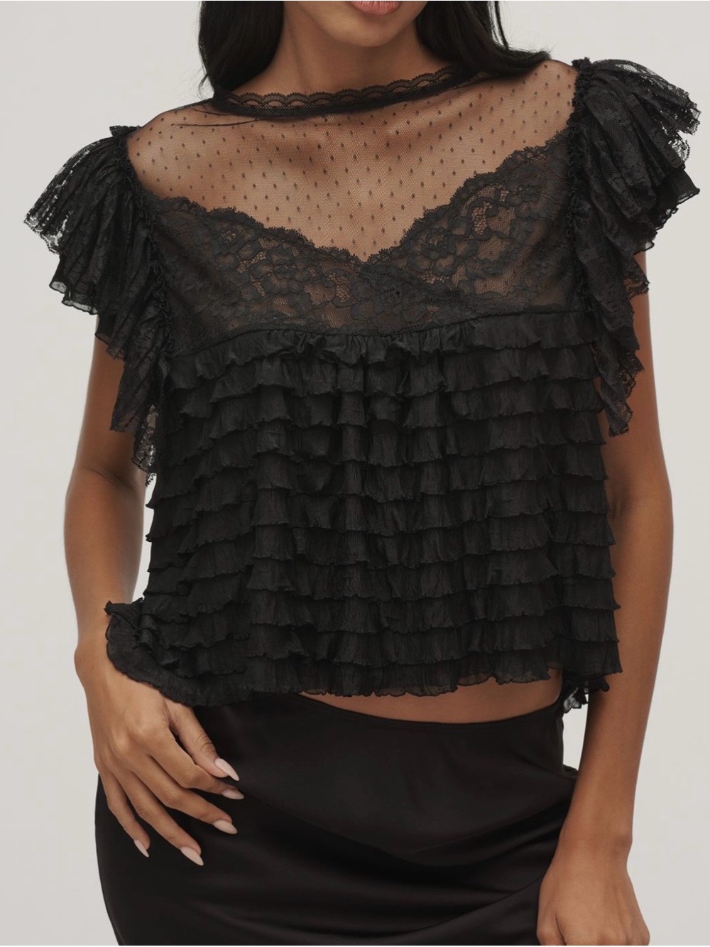 Maeve Black Ruffled Lace & Sheer Dot Yoke Blouse